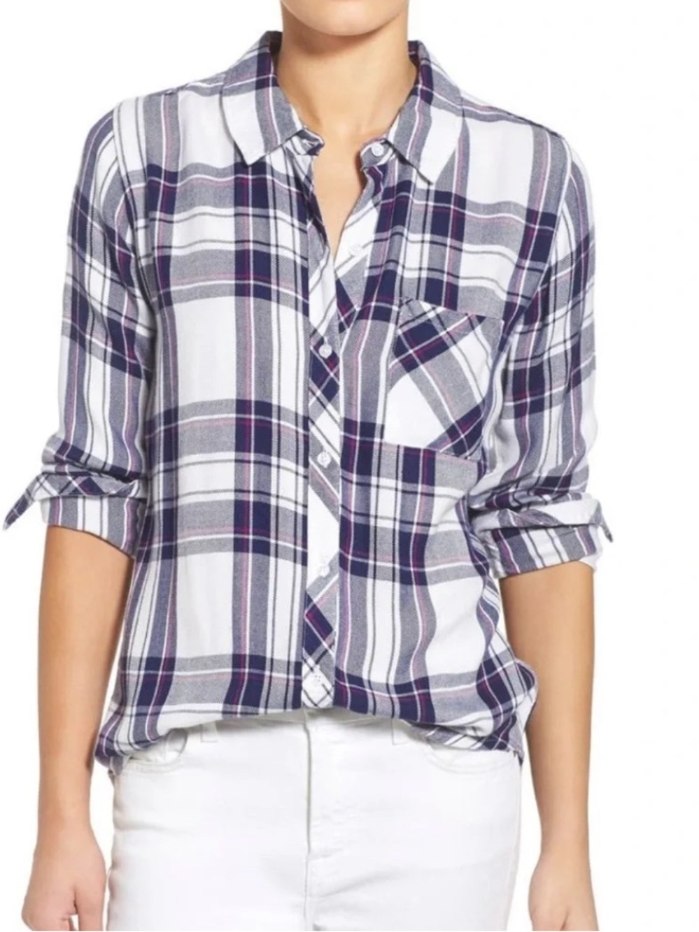 Rails Hunter Plaid Flannel Shirt White Navy Orchid XS